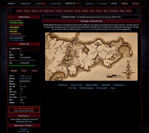 Reign Of Blood Vampire Game screenshot showing the portal where vampires can move locations